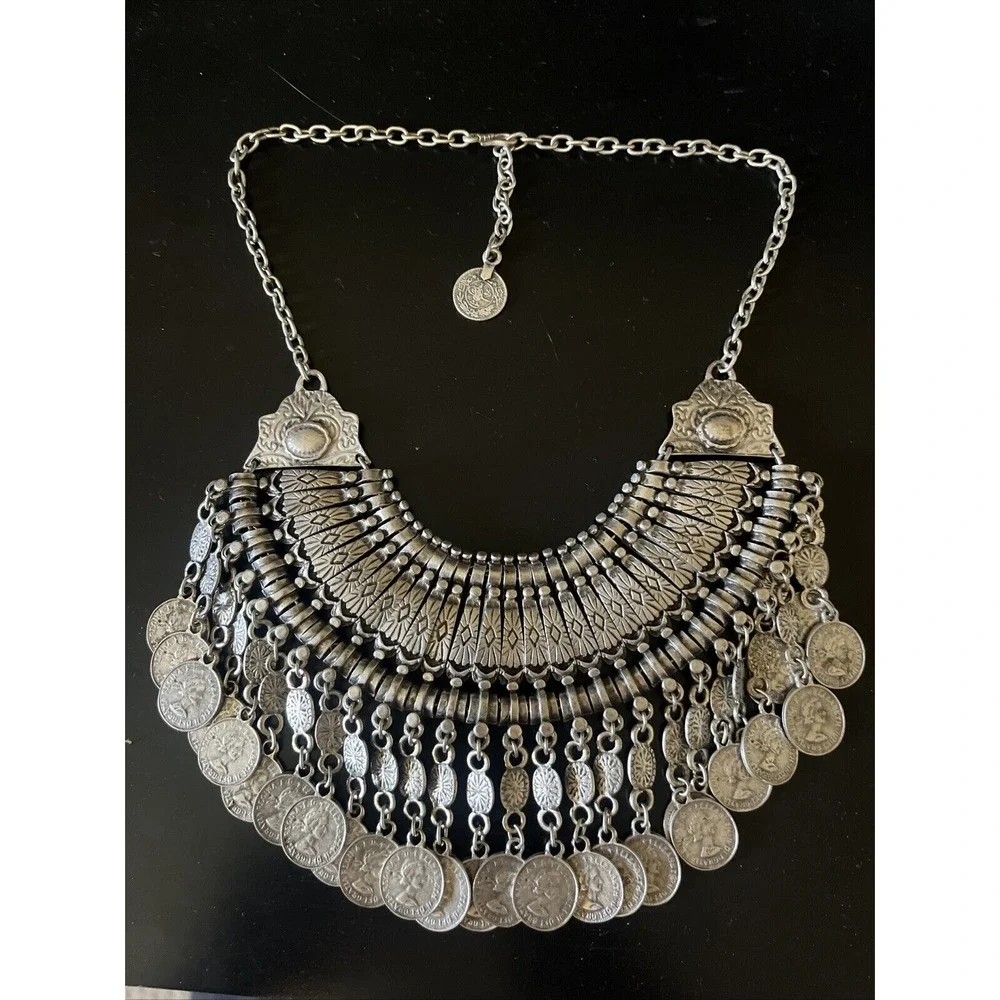 Vintage Metal Afghan Arabic Ship Coin Pendants Choker Necklace Tribal Coin Dance